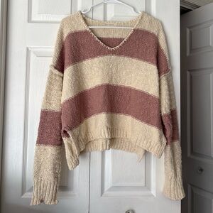 By Together Striped Knit V Neck Sweater. Mauve and Cream color. Size Small.
